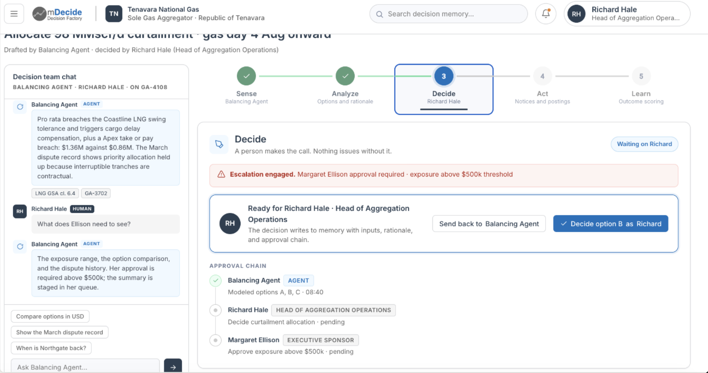 The Decide panel in the Waiting state. A
    banner notes an escalation rule engaged because exposure
    crossed a threshold, so an executive approval is required.
    The decision is ready for the named decision owner, with
    controls to decide or send back to the agent, and an
    approval chain below listing the agent that modeled the
    options and the two people whose approvals are pending.